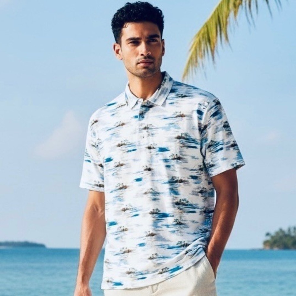 Chaps Golf Mens 4-Way Stretch Super Soft Printed Bright White Polo Shirt 2XL NWT